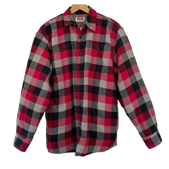Wrangler Shacket Red Plaid Fleece Lined Flannel Button Up Shirt Jacket Sz M - Picture 1 of 9